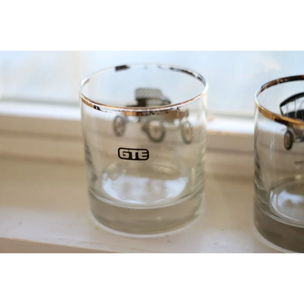 2 Classic Car Cocktail Gold Rimmed Glasses 1903 Oldsmobile 1907 Pierce Arrow GTE